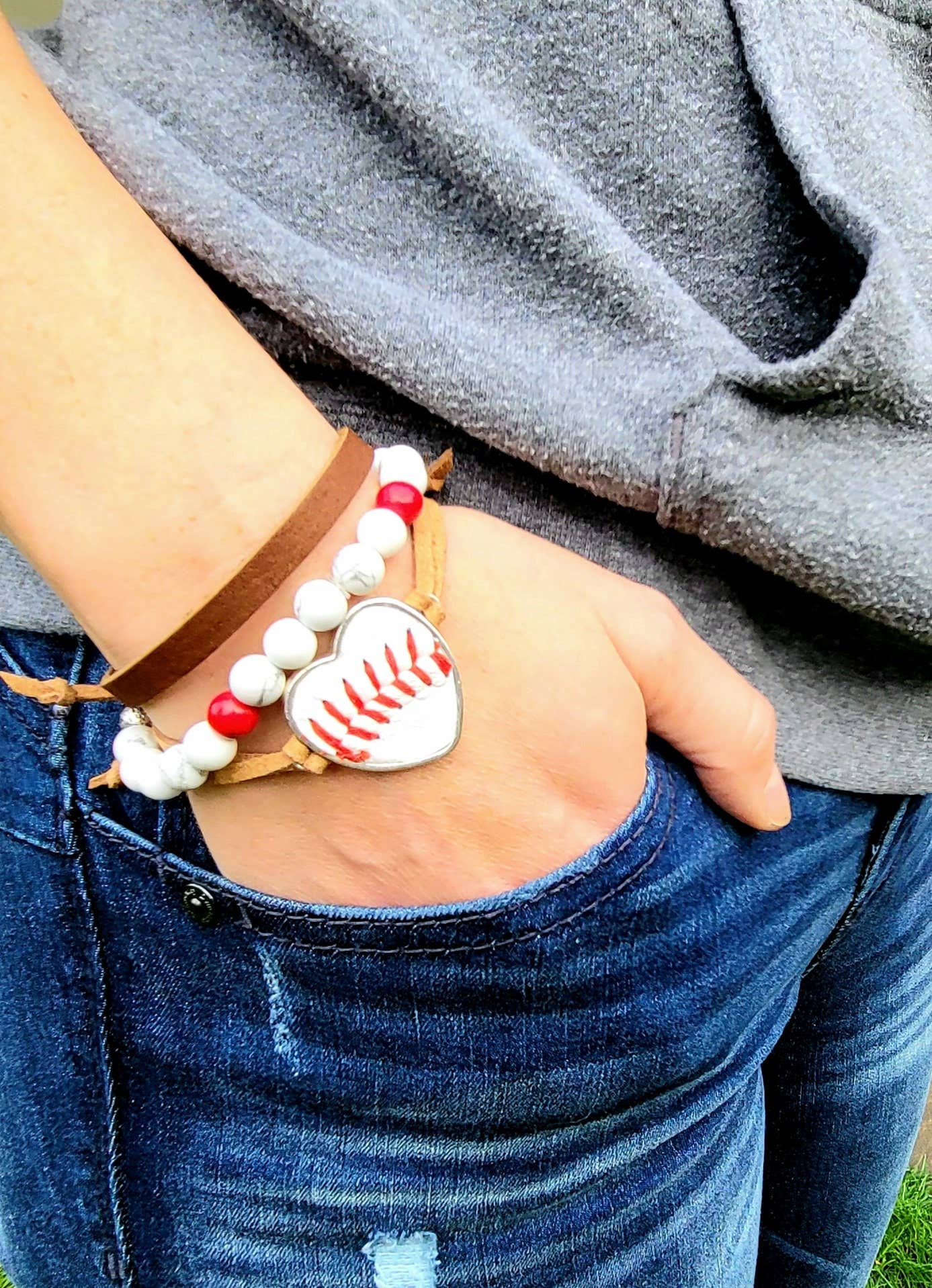 Adjustable Suede Baseball Heart Bracelet